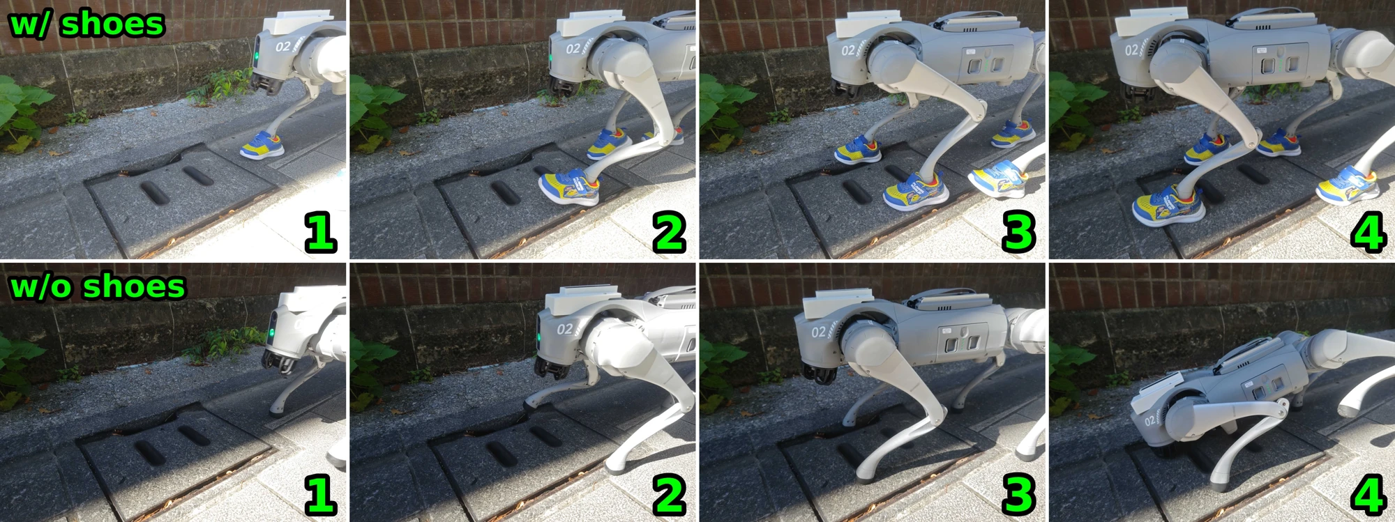 Four sequential images show the shoe-equipped robot crossing a slotted surface in the top row; without shoes, a foot becomes trapped in the bottom row