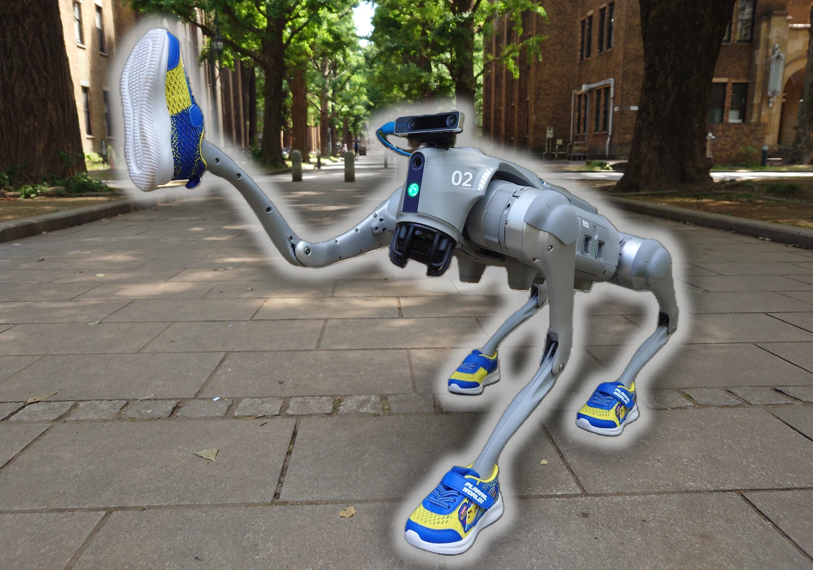 A Unitree Go2 wearing blue and yellow shoes on a tree-lined walkway